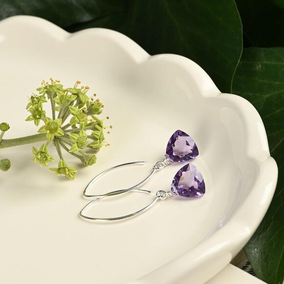 Women's Purple Amethyst Trillion Quartz Sterling Silver Dangle Earrings - Picture 8 of 9